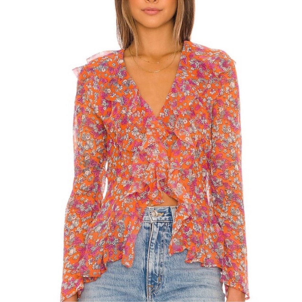 NEW NWT Free People nina printed top in tulip ditsy orange floral bell sleeve